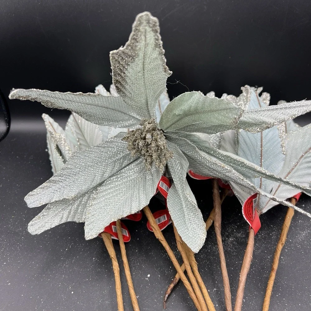 10 CHRISTMAS Poinsettia Sea Aqua Blue Silver Glitter Tree Decor Floral Pick Stem